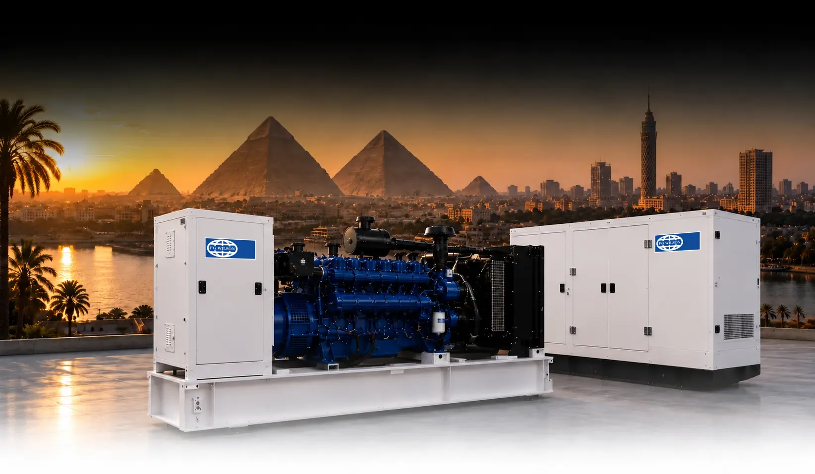 FG Wilson generators with Perkins diesel power and an Egyptian skyline